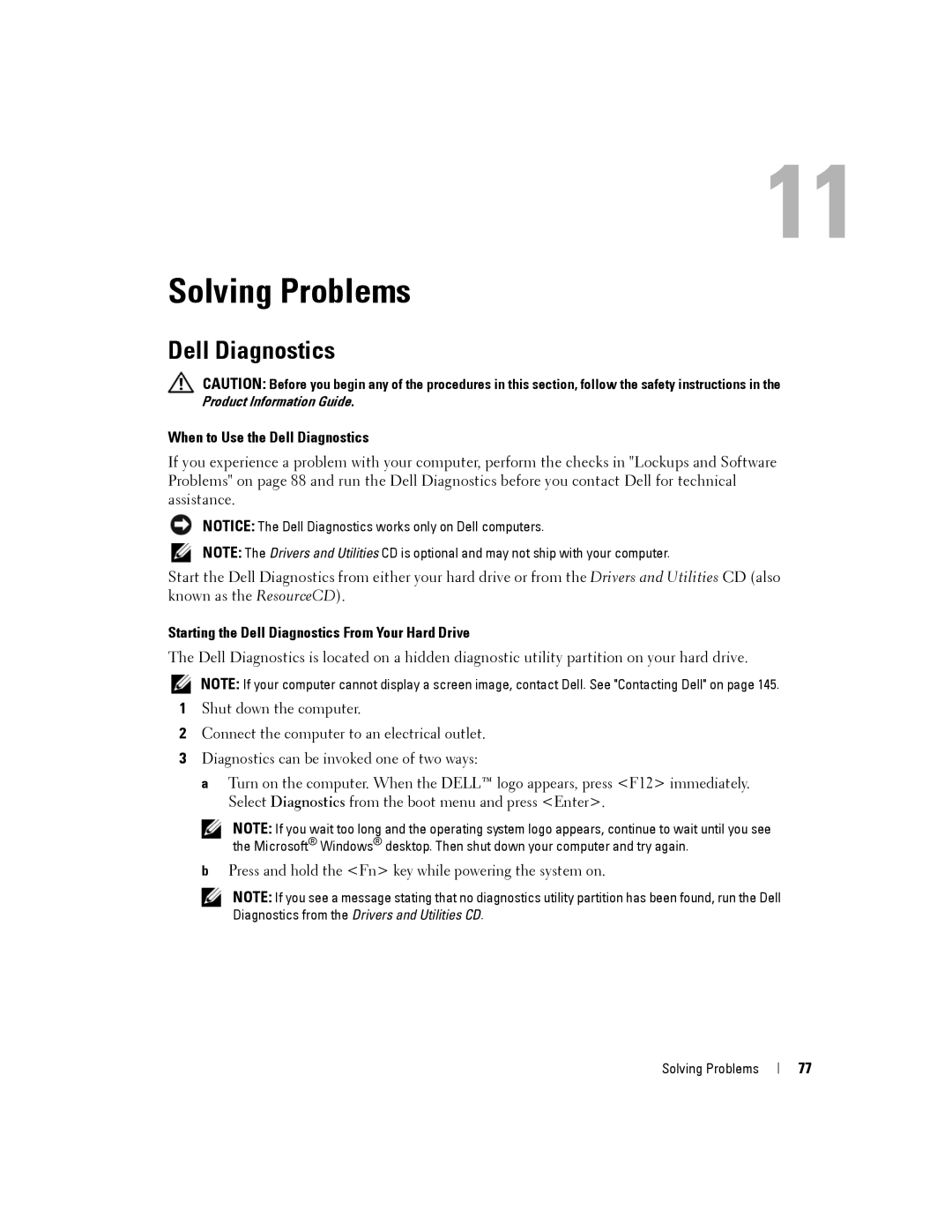 Dell PP19L Solving Problems, When to Use the Dell Diagnostics, Starting the Dell Diagnostics From Your Hard Drive 