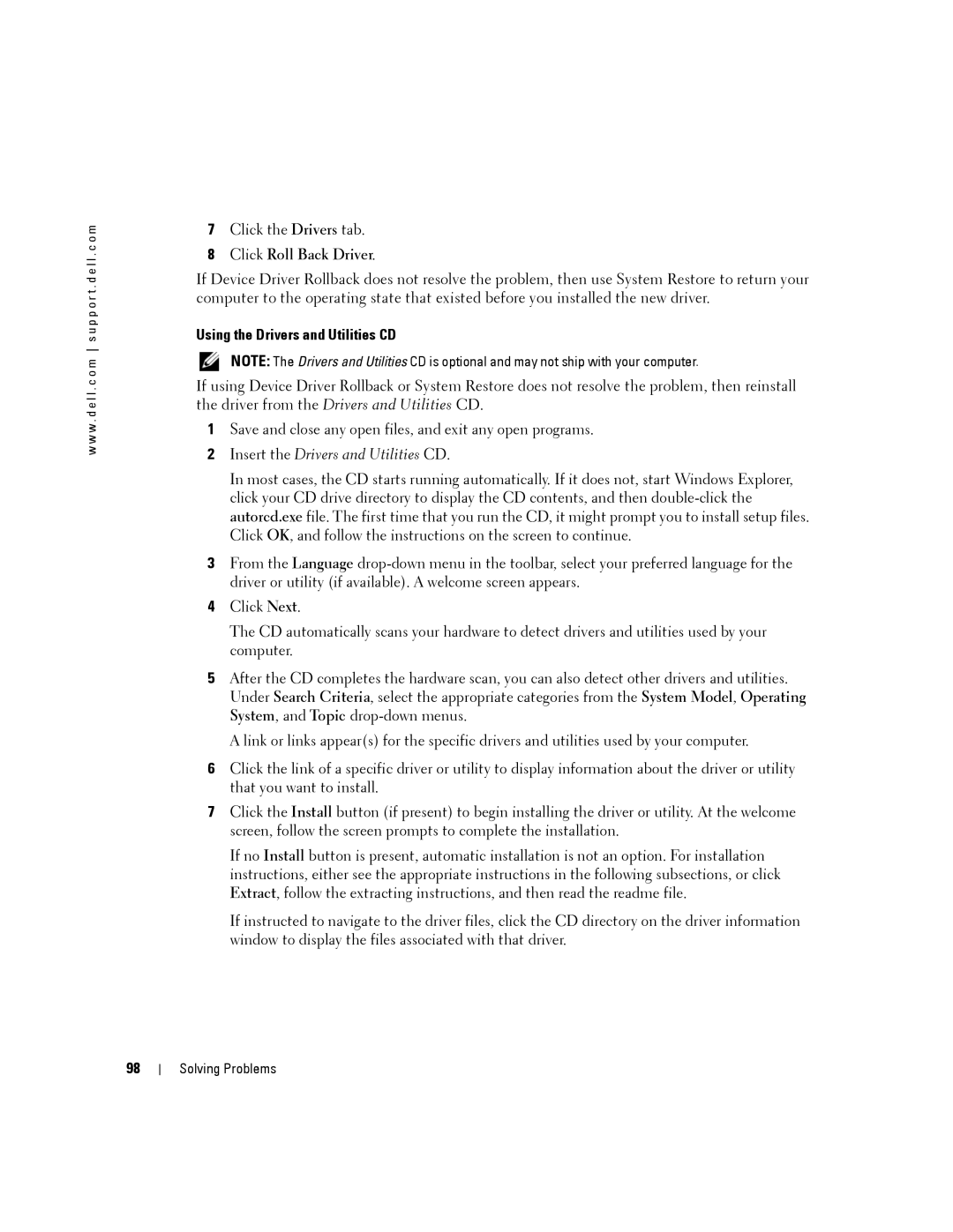 Dell 140M, PP19L owner manual Click Roll Back Driver, Using the Drivers and Utilities CD 