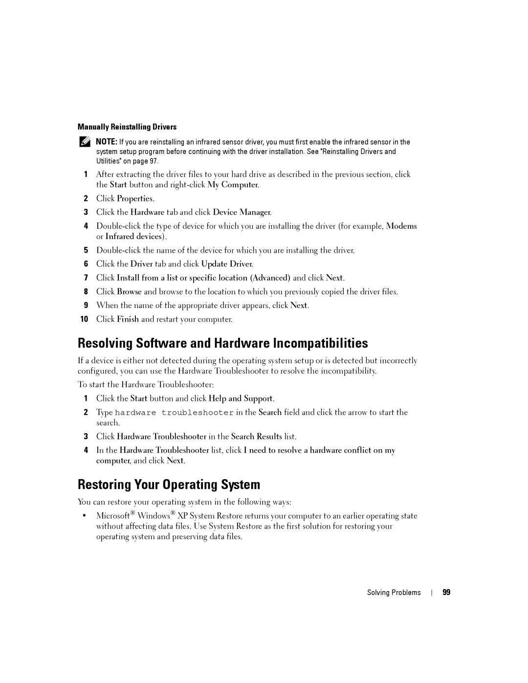 Dell PP19L, 140M owner manual Resolving Software and Hardware Incompatibilities, Restoring Your Operating System 