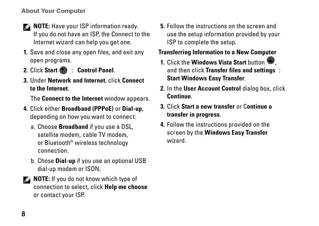 Dell Y727H, 1410, PP38L setup guide Transferring Information to a New Computer 