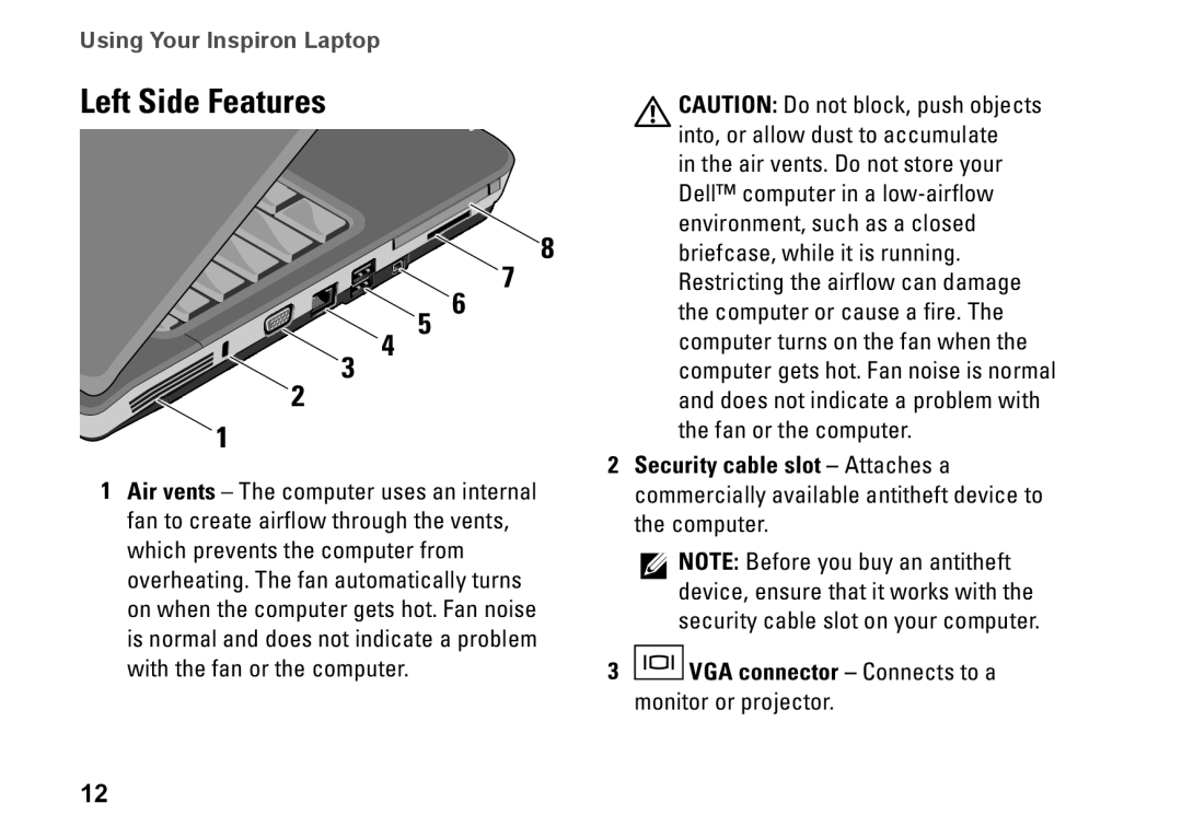 Dell PP38L, 1410, Y727H setup guide Left Side Features 