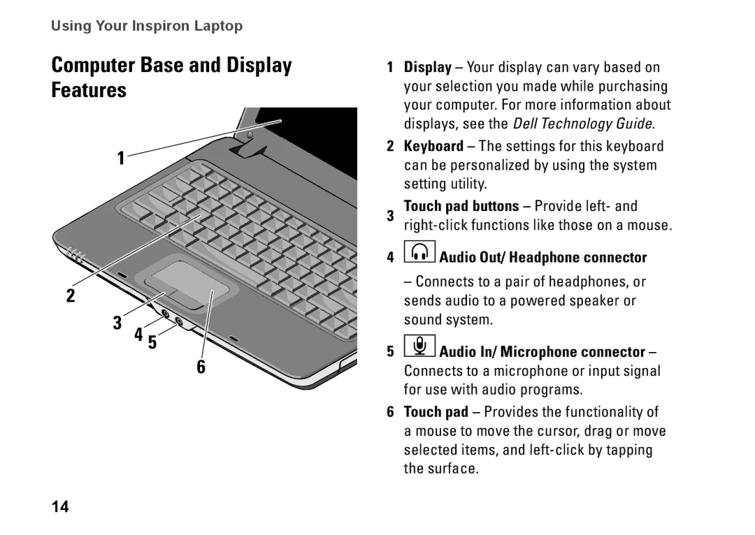 Dell Y727H Computer Base and Display Features, Touch pad buttons Provide left, Right-click functions like those on a mouse 