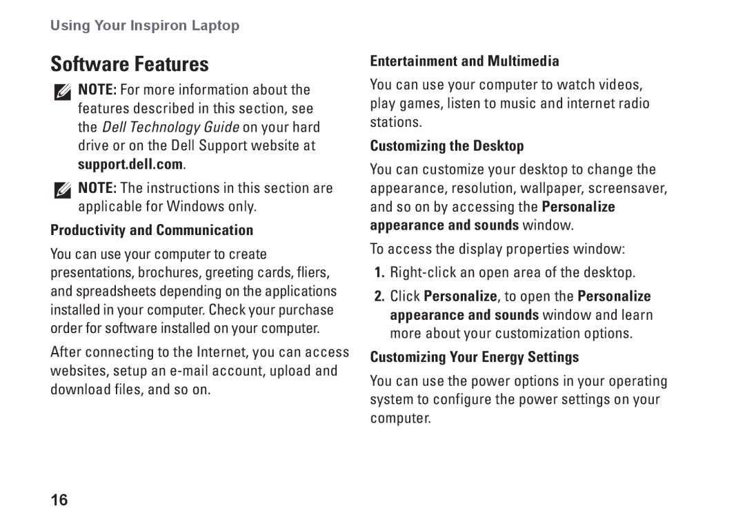 Dell 1410, Y727H Software Features, Productivity and Communication, Entertainment and Multimedia, Customizing the Desktop 