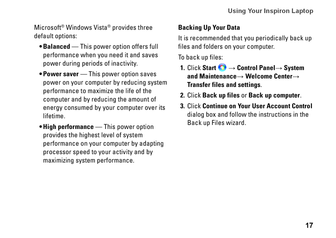 Dell Y727H, 1410, PP38L setup guide Microsoft Windows Vista provides three default options, Backing Up Your Data 