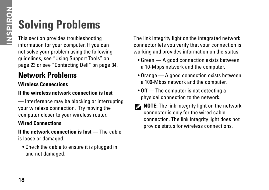 Dell PP38L, 1410, Y727H Solving Problems, Network Problems, Check the cable to ensure it is plugged in and not damaged 