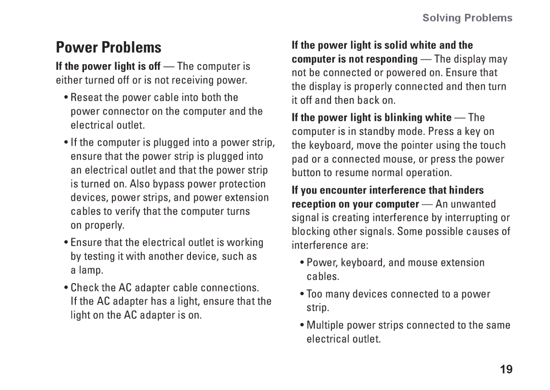 Dell 1410, Y727H, PP38L setup guide Power Problems, Solving Problems 