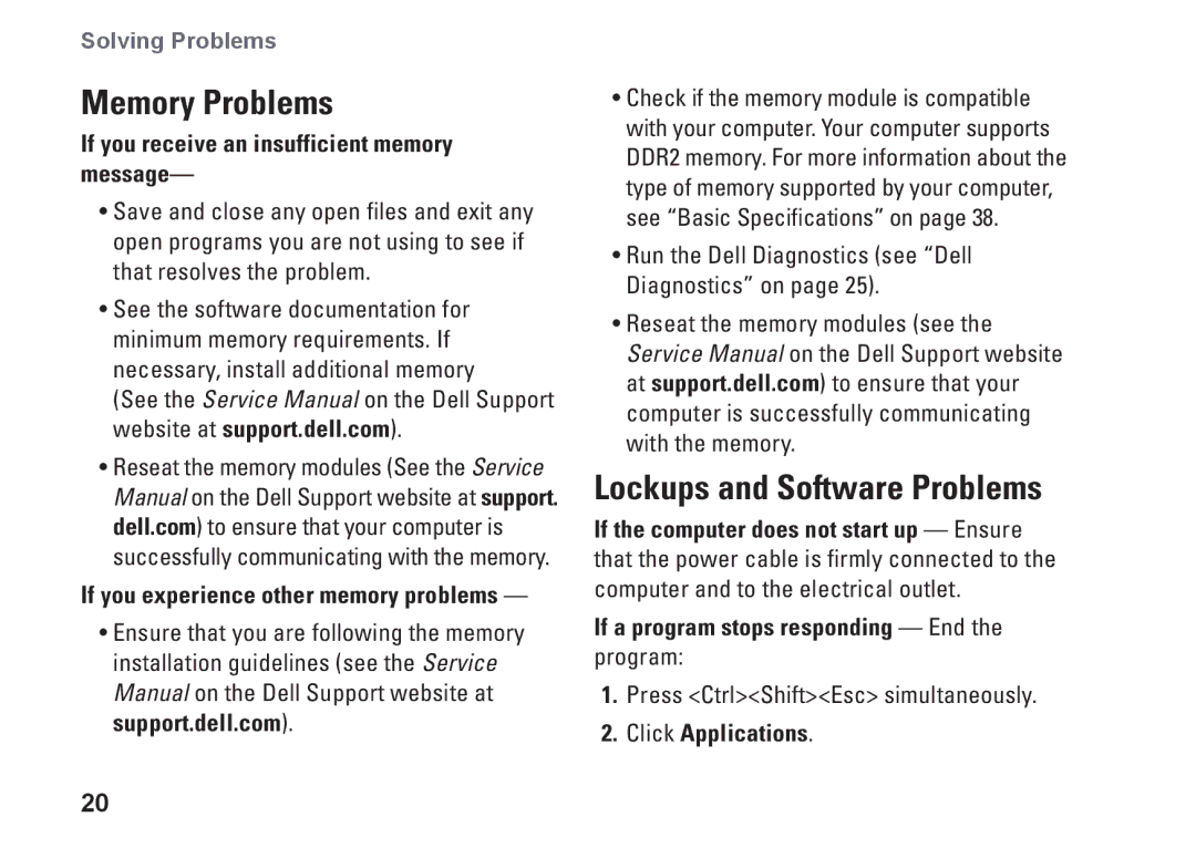 Dell Y727H, 1410, PP38L Memory Problems, Lockups and Software Problems, If you receive an insufficient memory message 