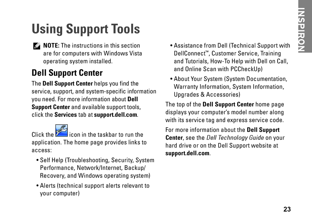 Dell Y727H, 1410, PP38L Using Support Tools, Dell Support Center, Alerts technical support alerts relevant to your computer 