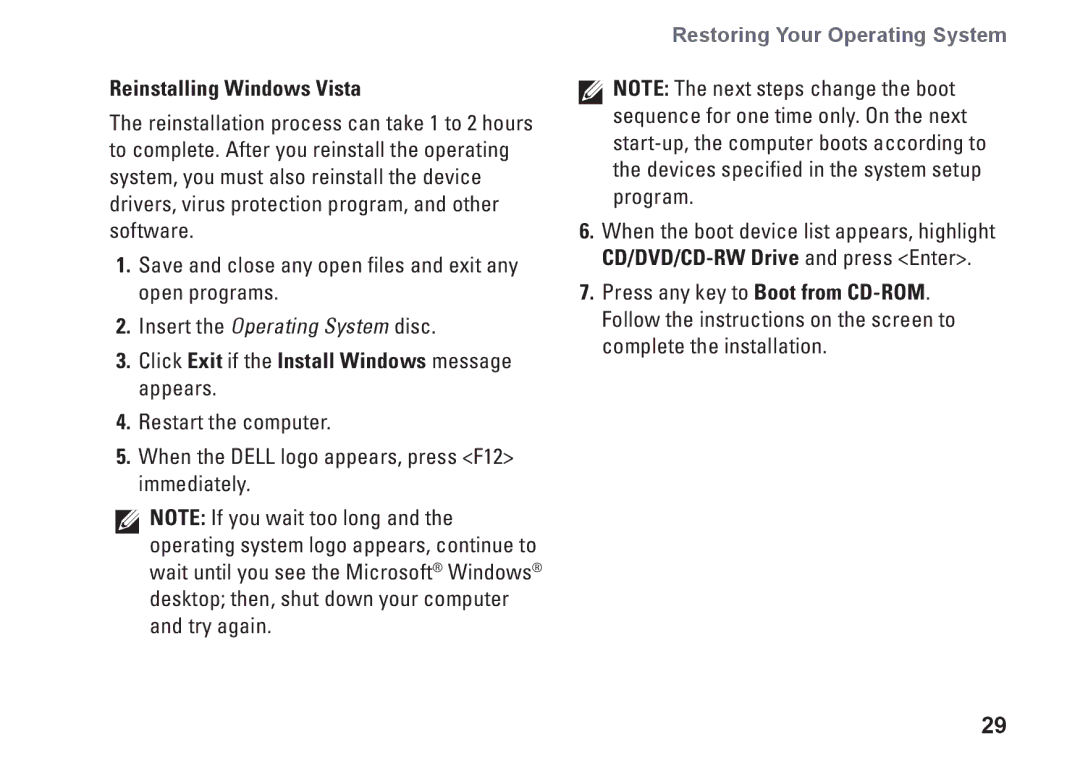 Dell Y727H, 1410, PP38L setup guide Reinstalling Windows Vista, Click Exit if the Install Windows message appears 