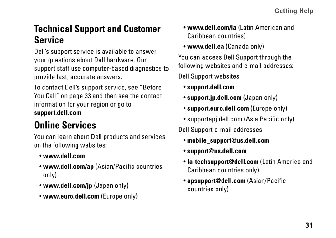 Dell 1410, Y727H, PP38L setup guide Technical Support and Customer Service, Online Services, Dell Support websites 