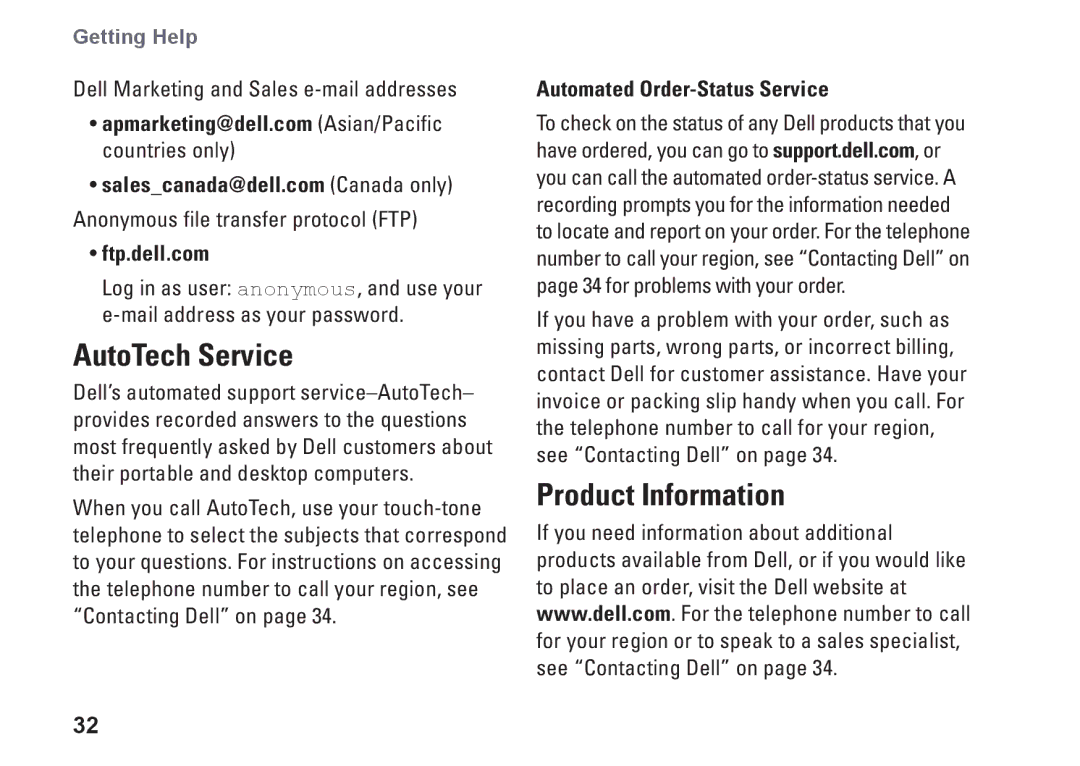 Dell Y727H, 1410, PP38L AutoTech Service, Product Information, Dell Marketing and Sales e-mail addresses, Ftp.dell.com 