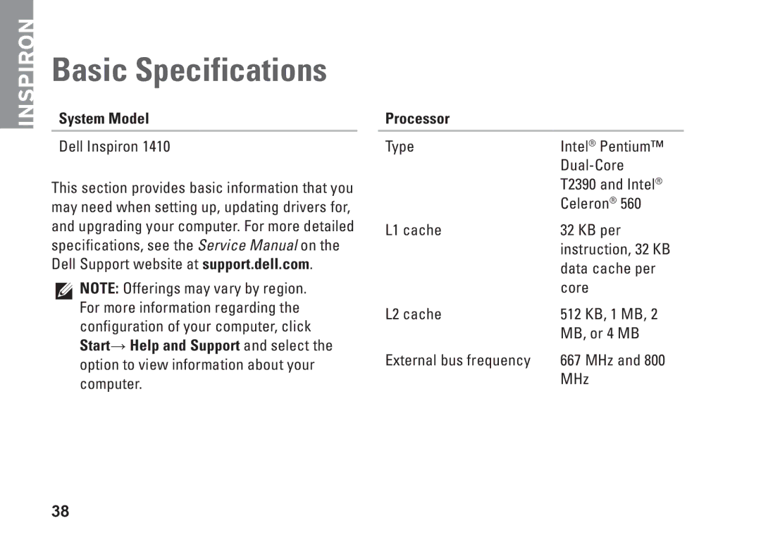 Dell Y727H, 1410, PP38L setup guide Basic Specifications, System Model, Processor 