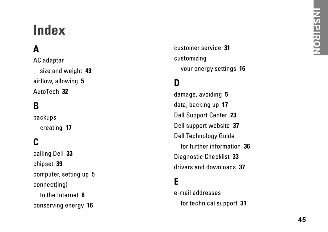 Dell PP38L, 1410, Y727H setup guide Index 