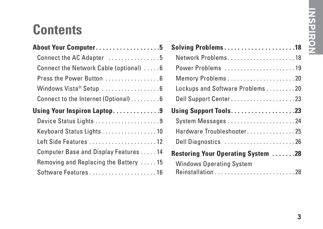 Dell PP38L, 1410, Y727H setup guide Contents 