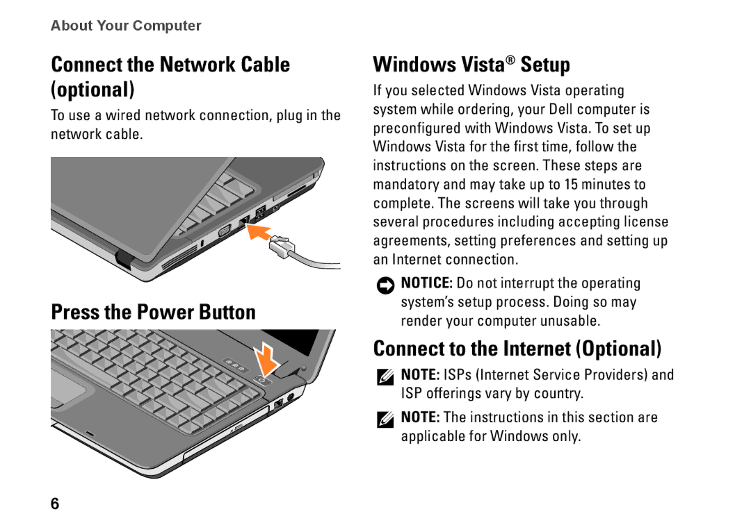 Dell PP38L, 1410, Y727H setup guide Connect the Network Cable optional, Press the Power Button Windows Vista Setup 