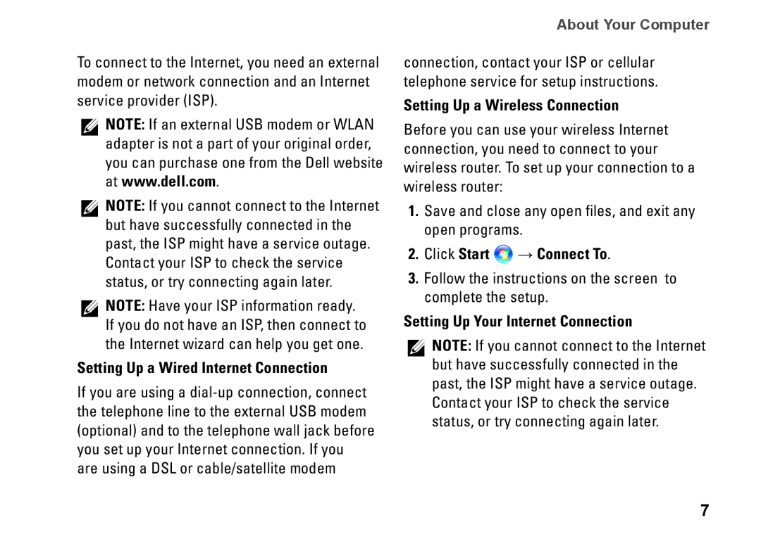 Dell 1410, Y727H, PP38L Setting Up a Wired Internet Connection, Setting Up a Wireless Connection, Click Start → Connect To 