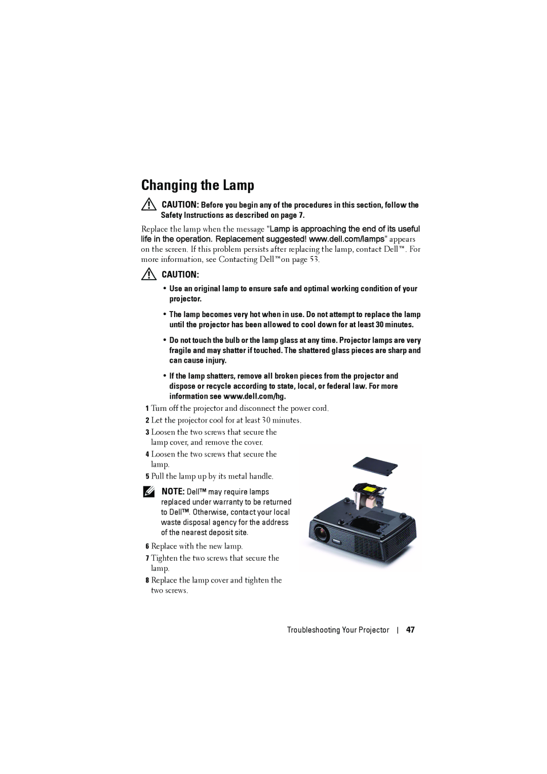 Dell 1410X manual Changing the Lamp 