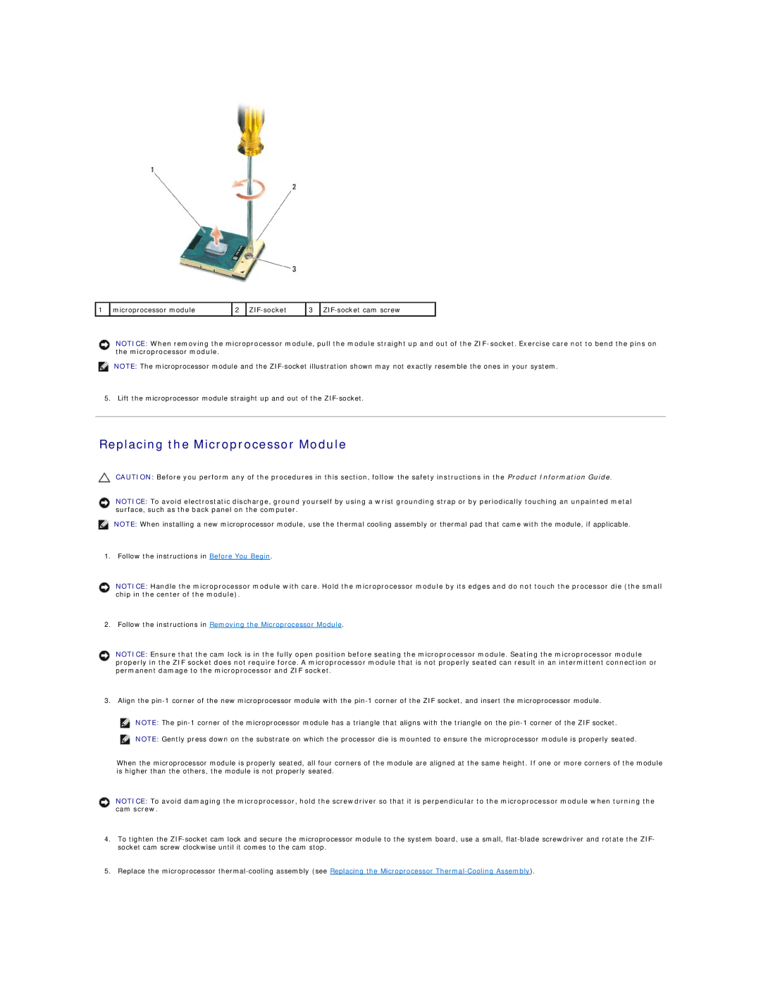 Dell 1420, 1400 service manual Replacing the Microprocessor Module 