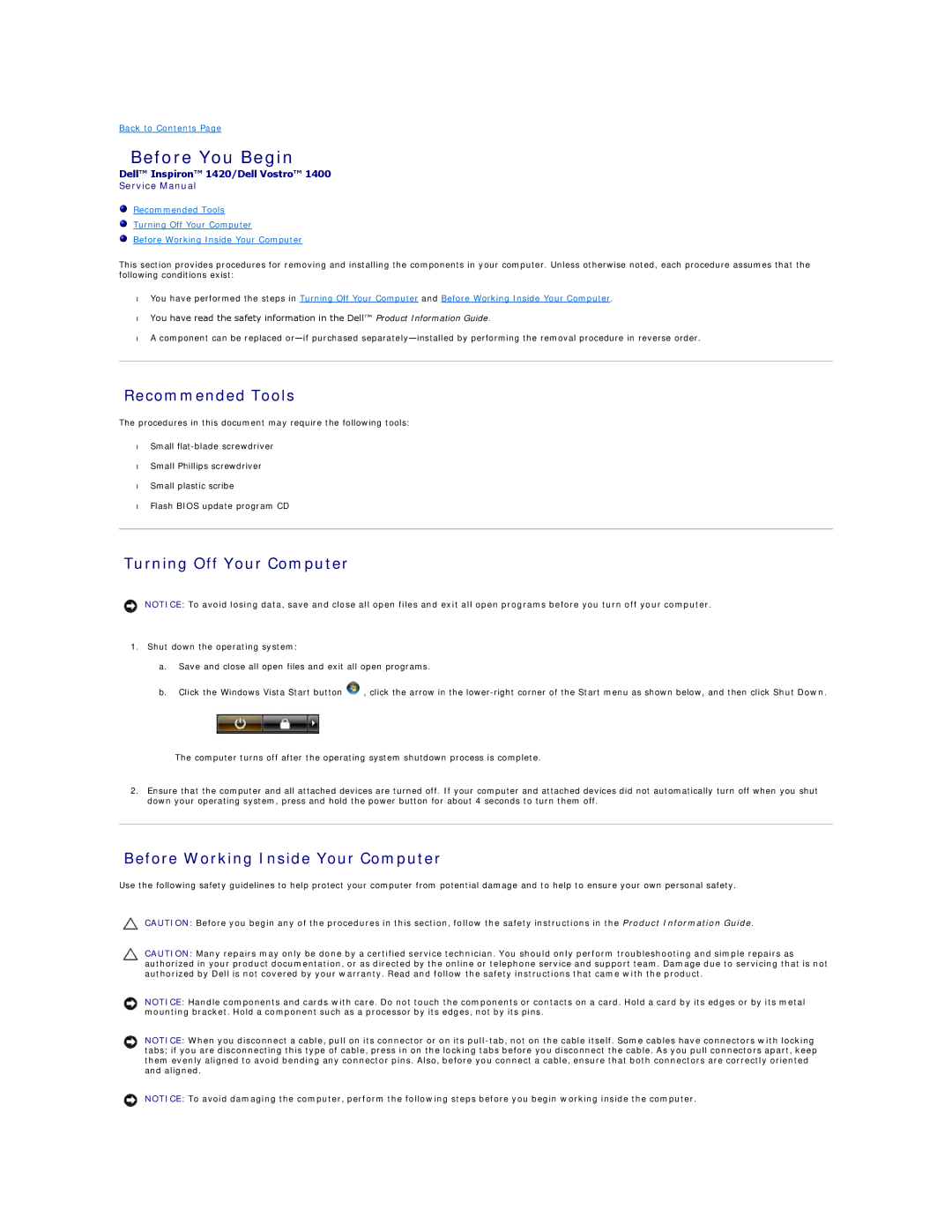 Dell 1420, 1400 Before You Begin, Recommended Tools, Turning Off Your Computer, Before Working Inside Your Computer 
