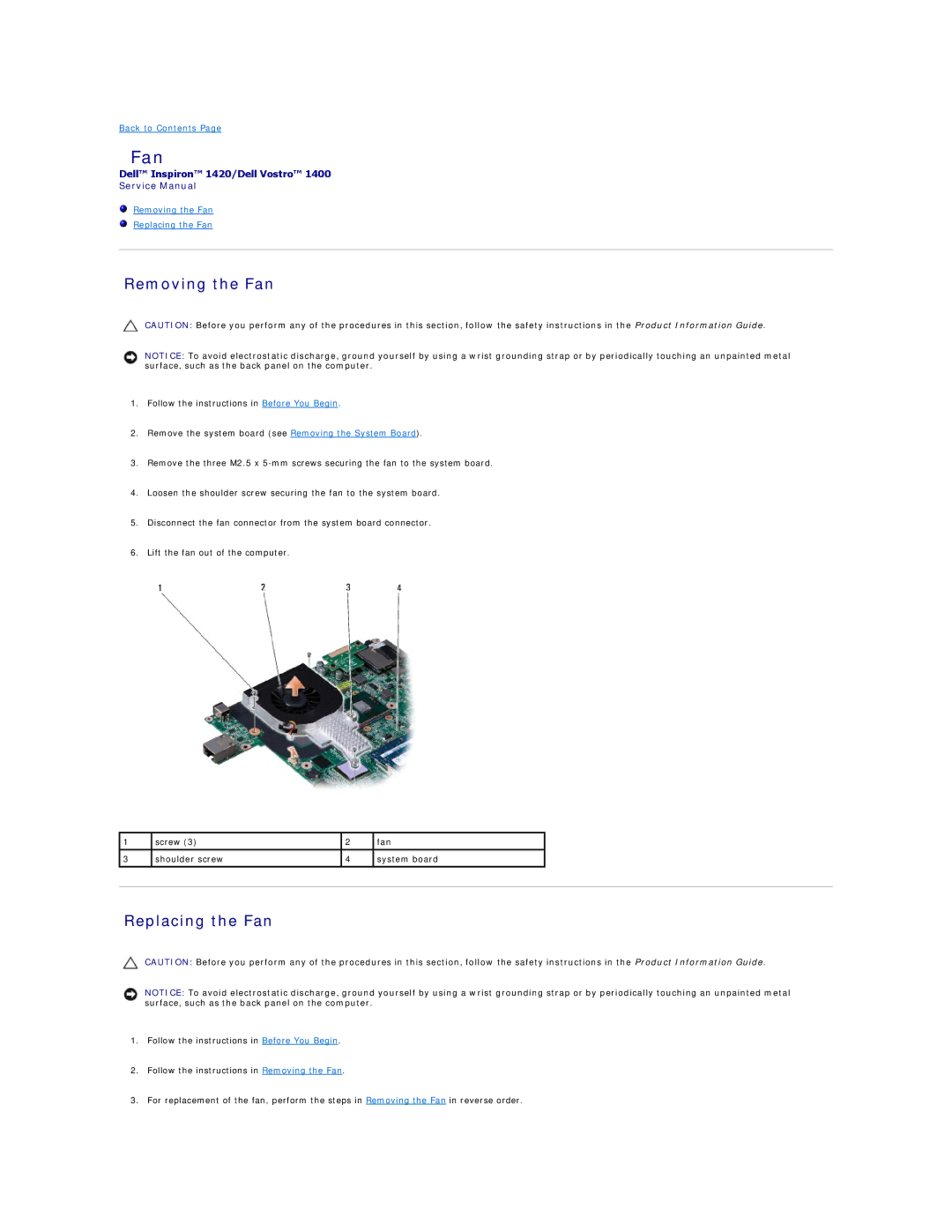 Dell 1420, 1400 service manual Removing the Fan, Replacing the Fan 