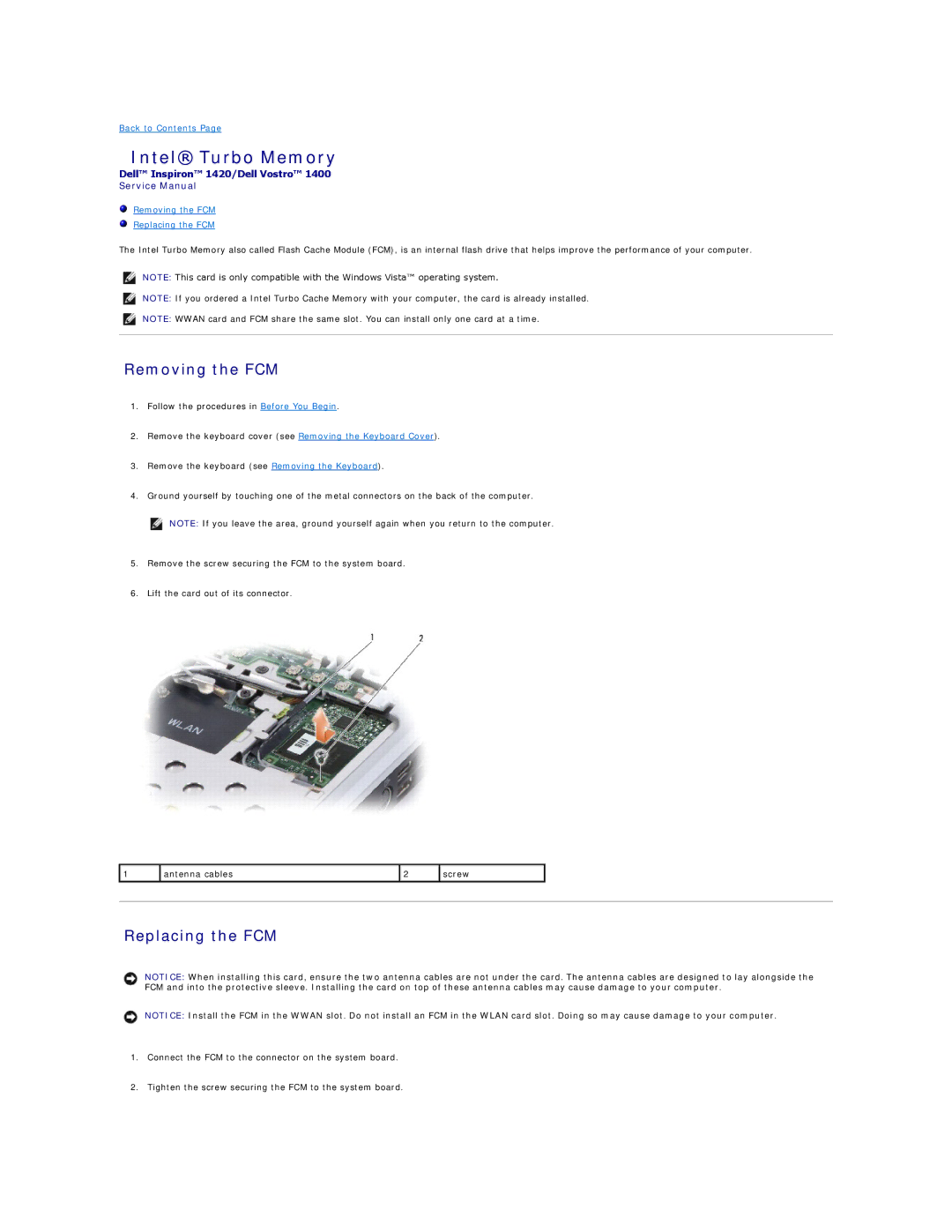 Dell 1420, 1400 service manual Intel Turbo Memory, Removing the FCM, Replacing the FCM 