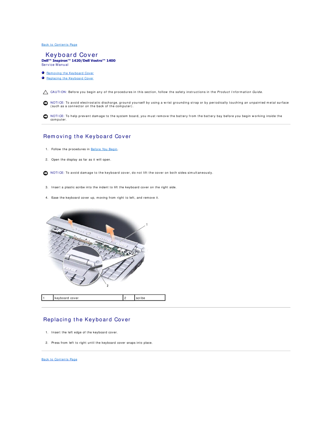 Dell 1420, 1400 service manual Removing the Keyboard Cover, Replacing the Keyboard Cover 