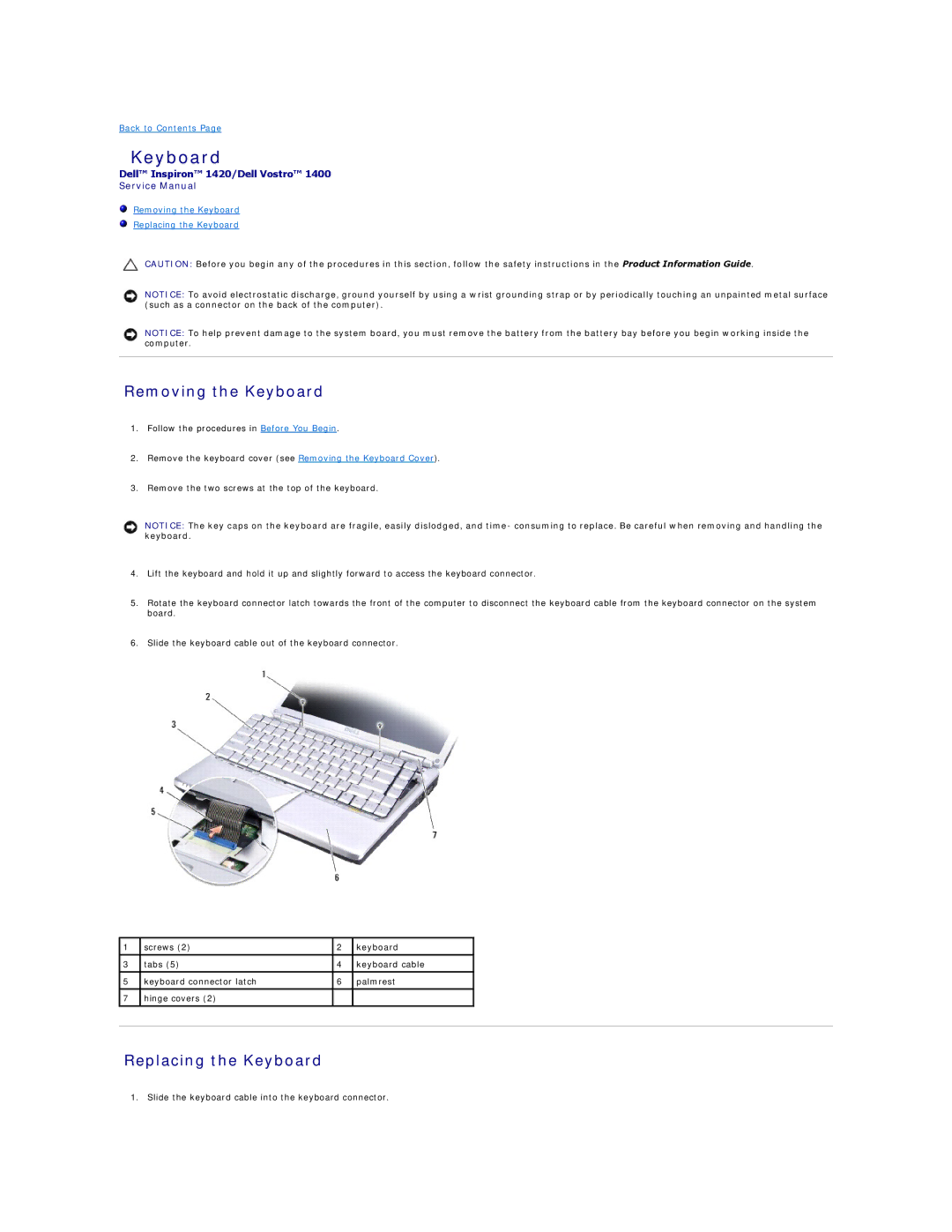 Dell 1400, 1420 service manual Removing the Keyboard, Replacing the Keyboard 