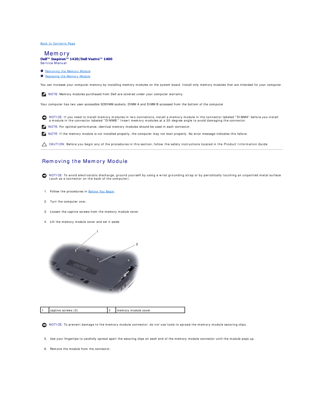 Dell 1400, 1420 service manual Removing the Memory Module 