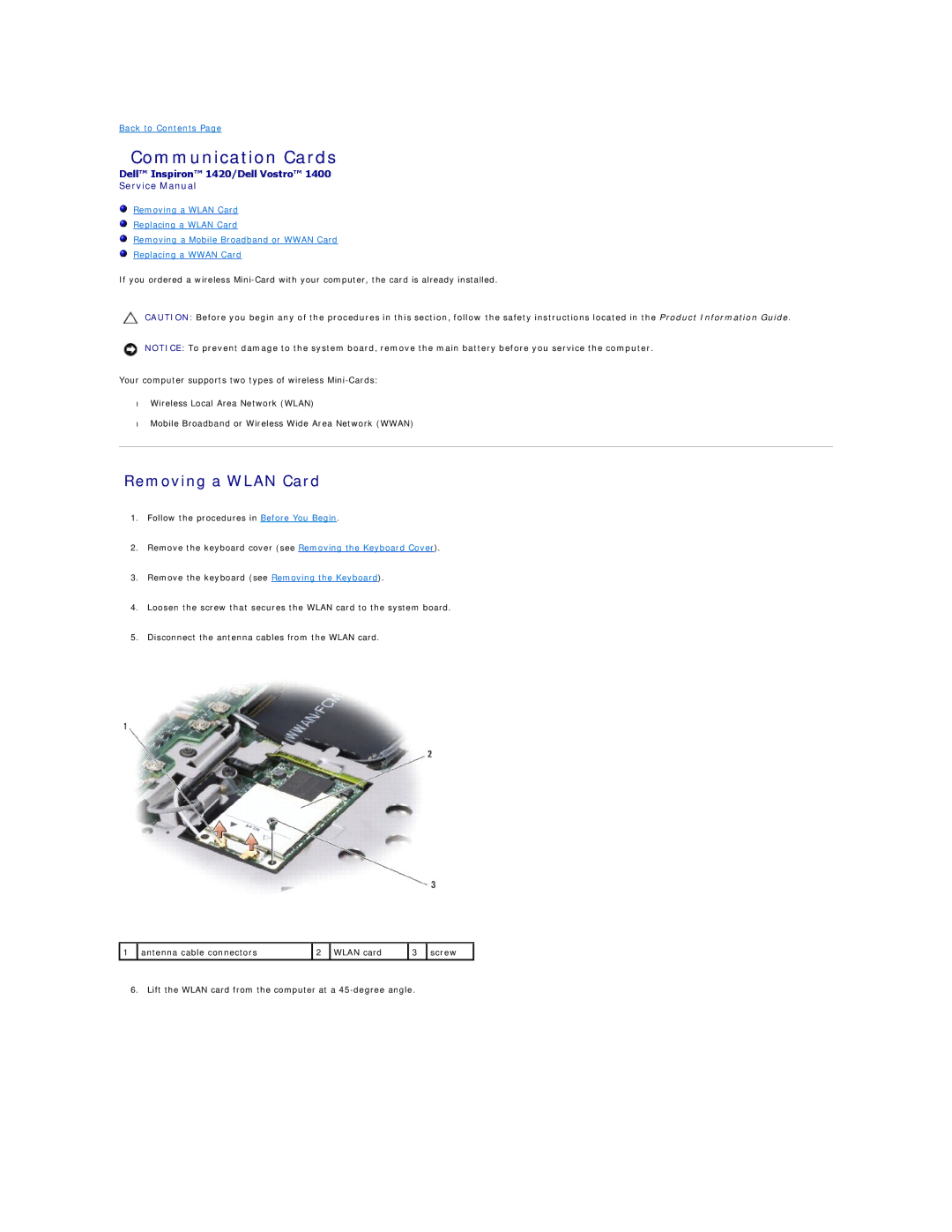 Dell 1400, 1420 service manual Communication Cards, Removing a Wlan Card 