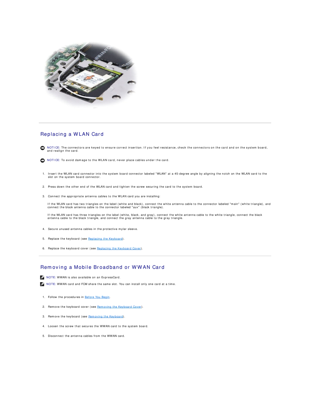 Dell 1420, 1400 service manual Replacing a Wlan Card, Removing a Mobile Broadband or Wwan Card 