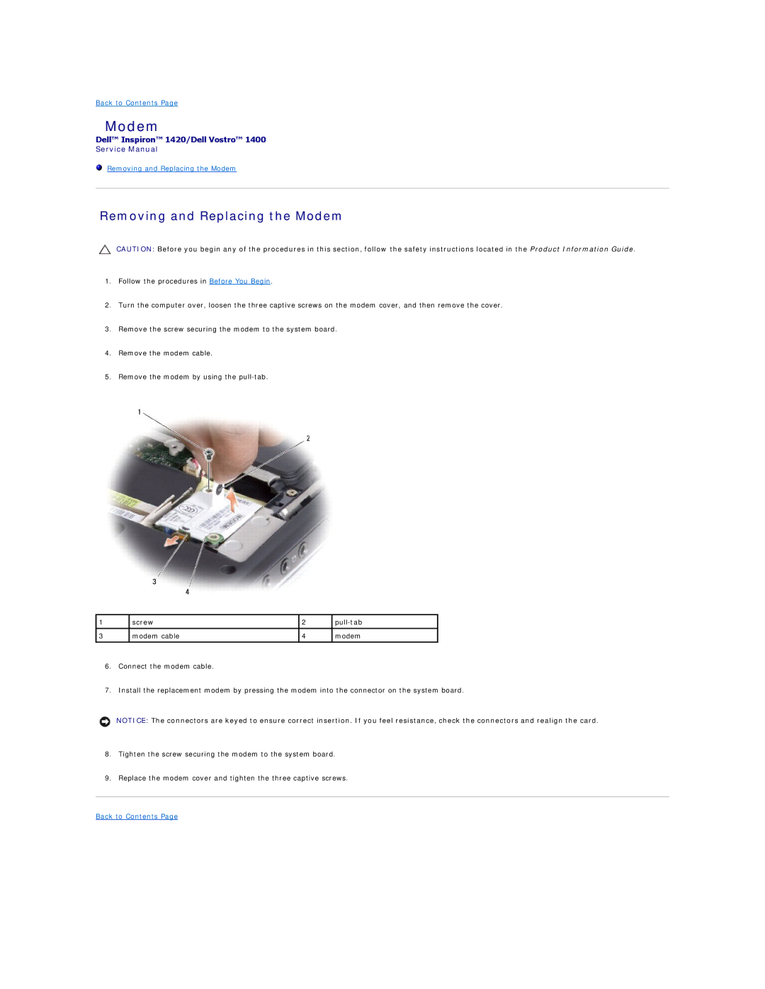 Dell 1420, 1400 service manual Removing and Replacing the Modem 