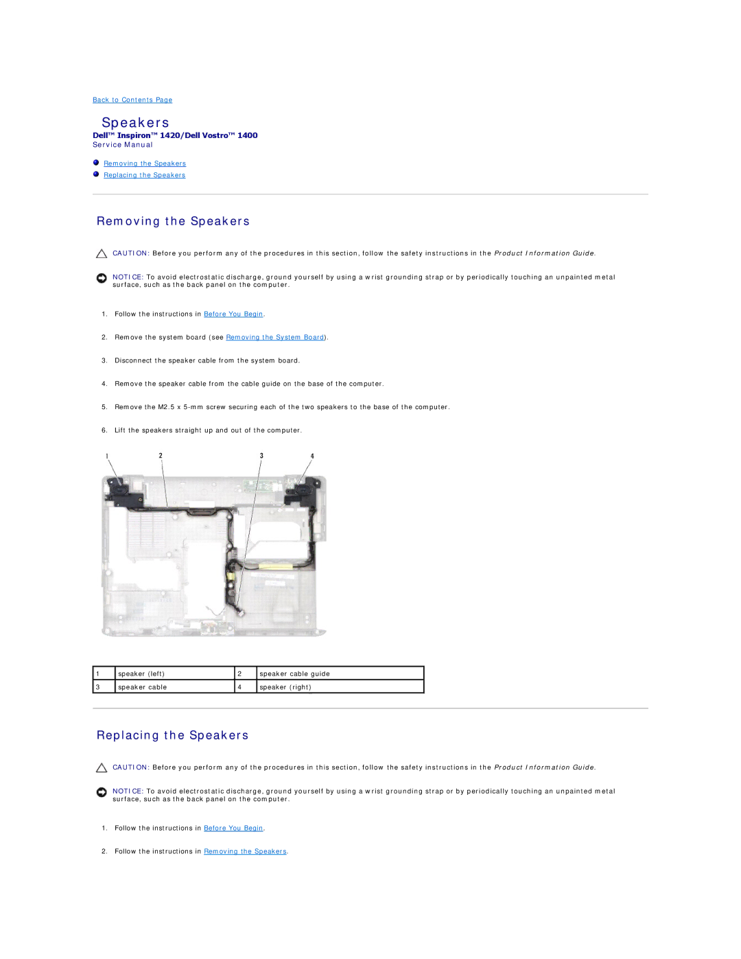 Dell 1400, 1420 service manual Removing the Speakers, Replacing the Speakers 