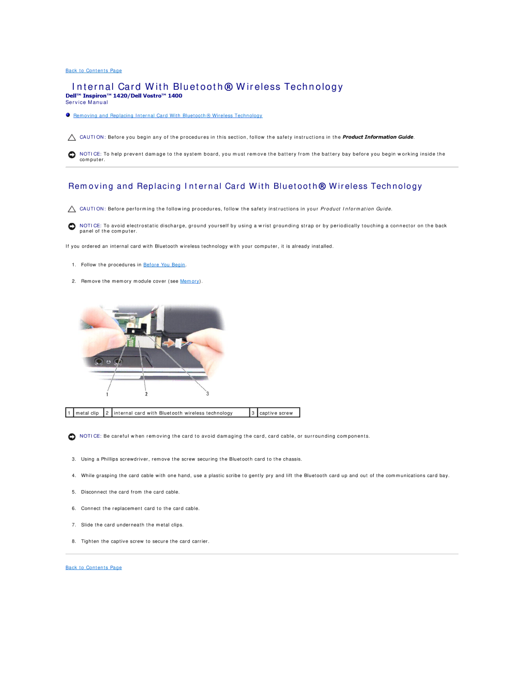 Dell 1400, 1420 service manual Internal Card With Bluetooth Wireless Technology 