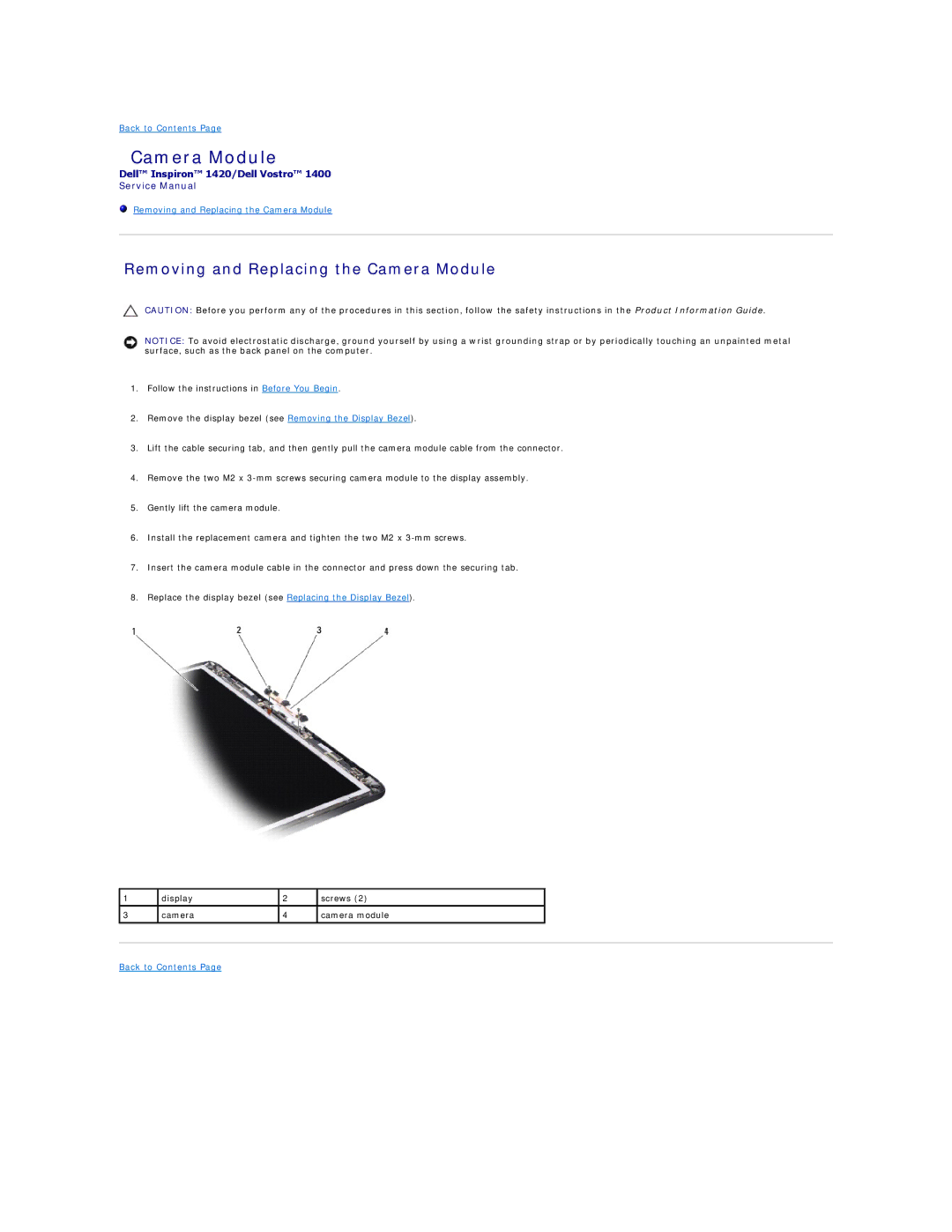 Dell 1420, 1400 service manual Removing and Replacing the Camera Module 