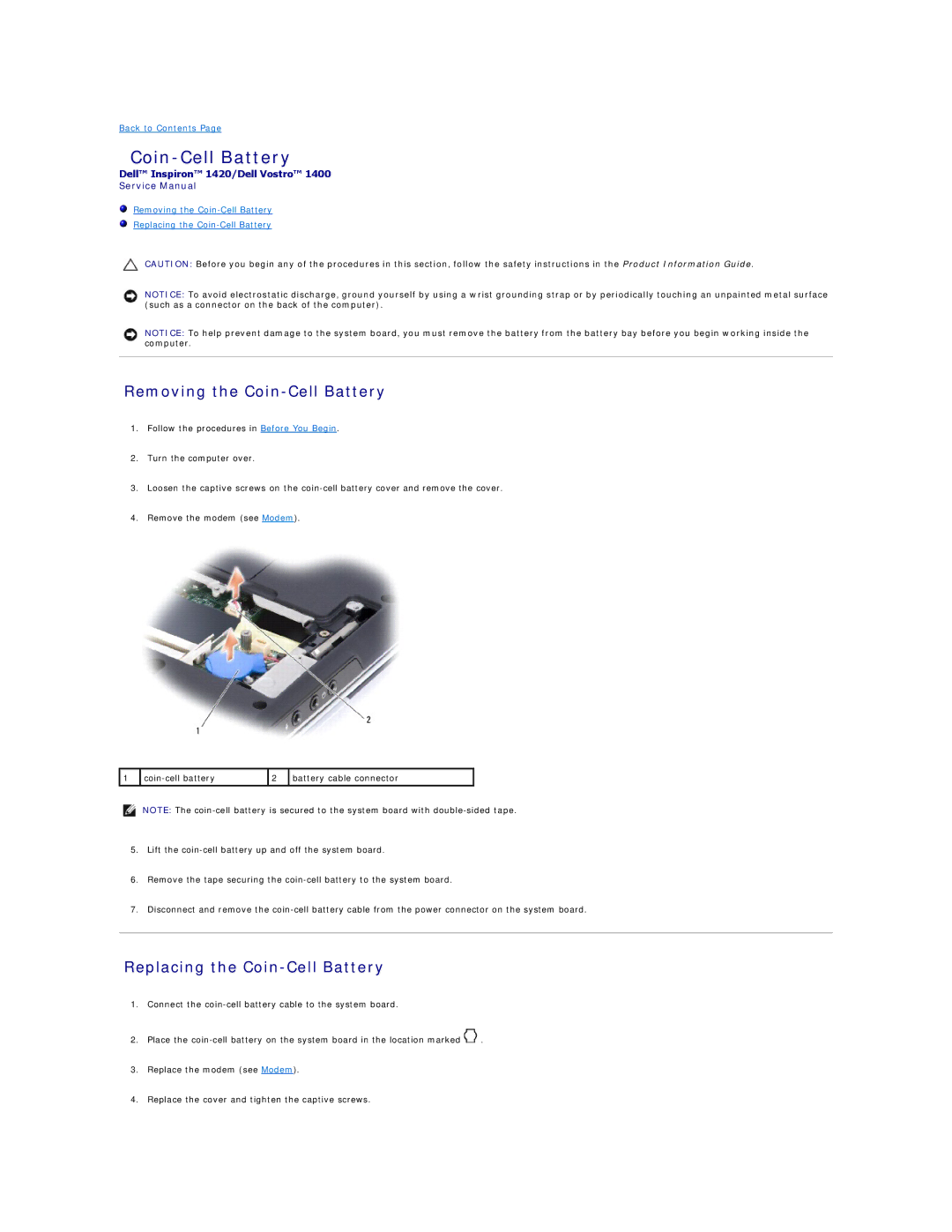 Dell 1400, 1420 service manual Removing the Coin-Cell Battery, Replacing the Coin-Cell Battery 