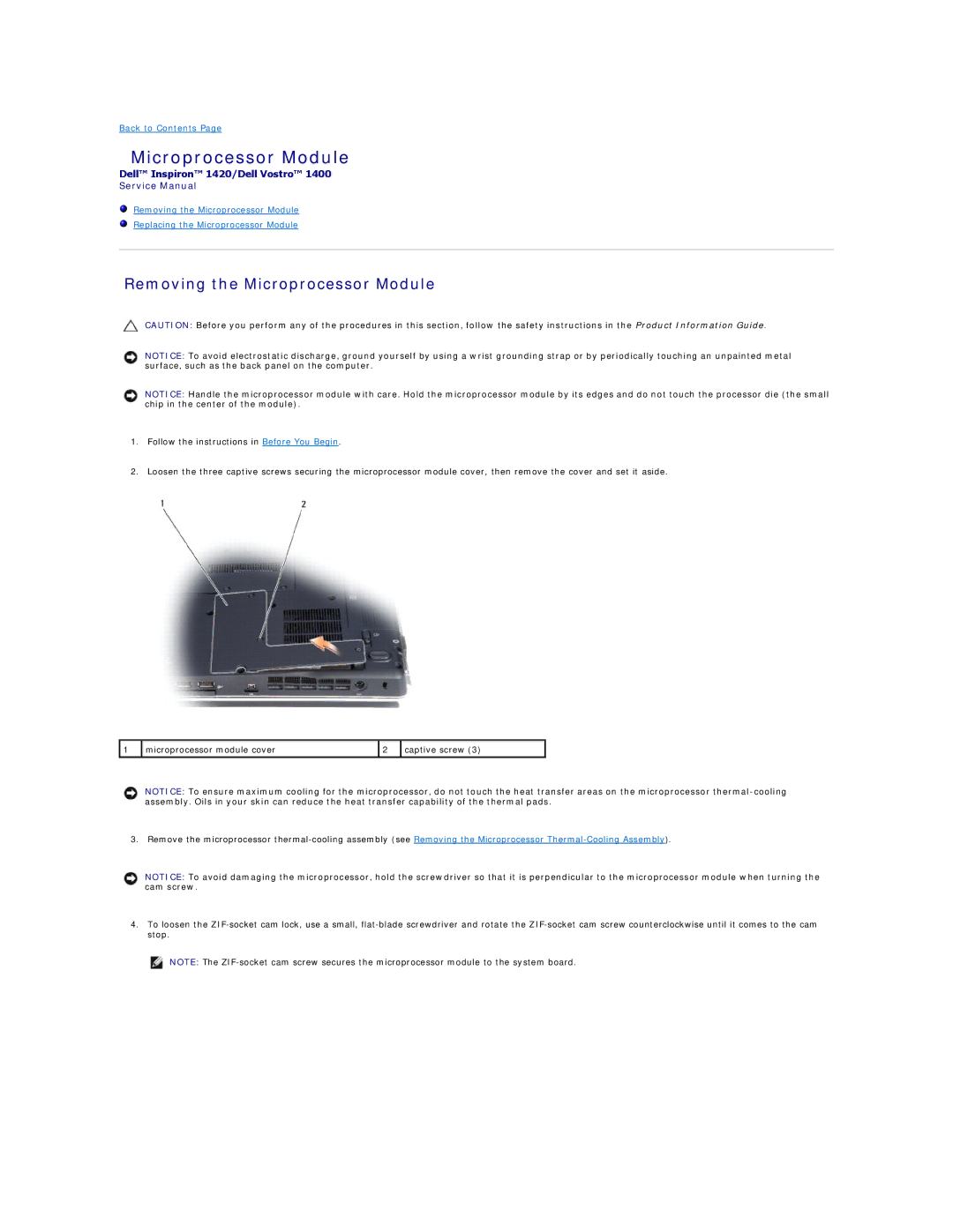 Dell 1400, 1420 service manual Removing the Microprocessor Module 