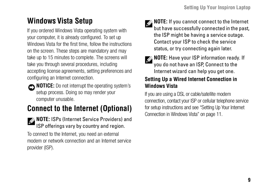 Dell F243R, 1427 setup guide Windows Vista Setup, Setting Up a Wired Internet Connection in Windows Vista 