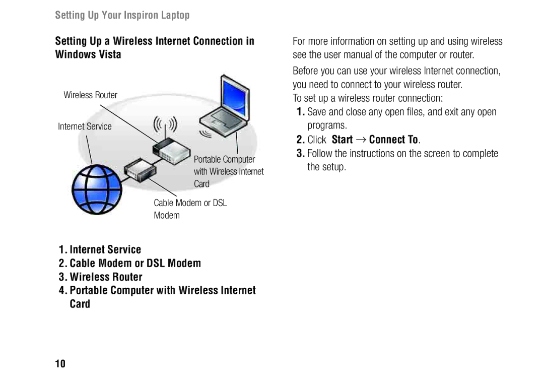 Dell 1427, F243R setup guide Setting Up a Wireless Internet Connection in Windows Vista, Click Start → Connect To 