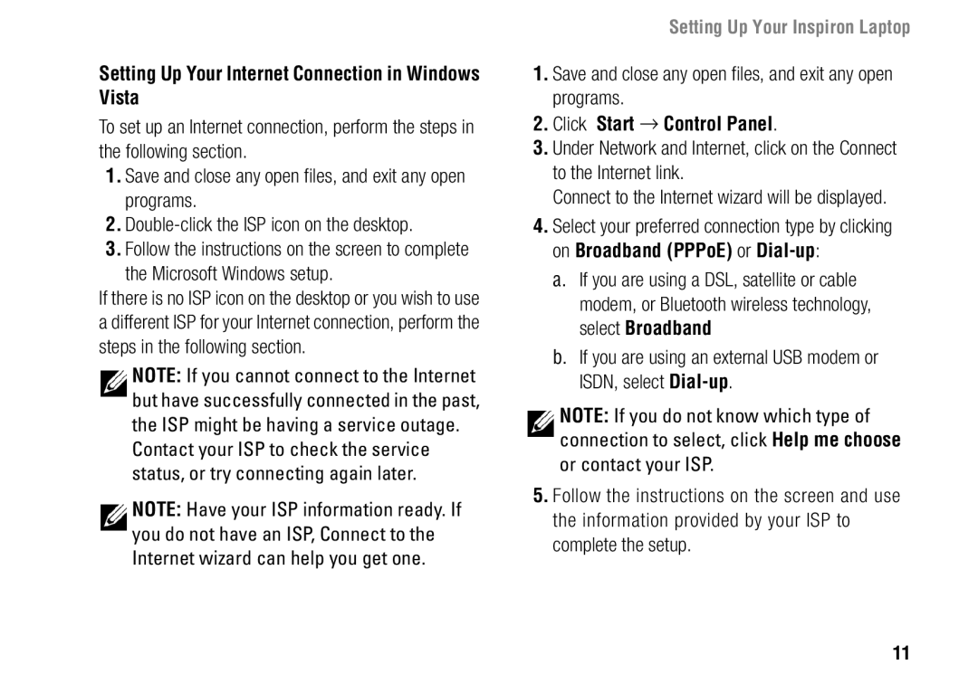 Dell F243R, 1427 setup guide Setting Up Your Internet Connection in Windows Vista, Click Start → Control Panel 