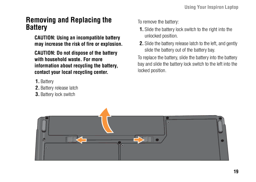 Dell F243R, 1427 setup guide Removing and Replacing the Battery, Battery Battery release latch Battery lock switch 