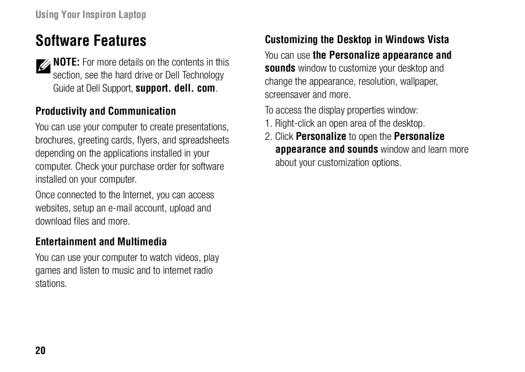 Dell 1427, F243R setup guide Software Features, Productivity and Communication, Entertainment and Multimedia 