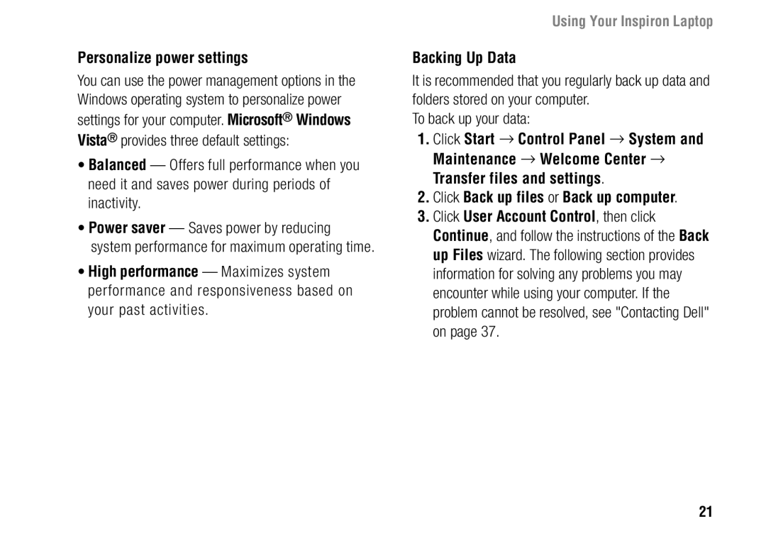 Dell F243R, 1427 setup guide Personalize power settings, Backing Up Data 