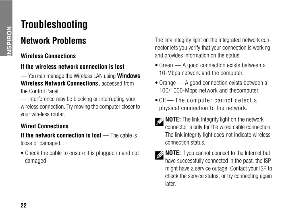 Dell 1427, F243R setup guide Troubleshooting, Network Problems, Check the cable to ensure it is plugged in and not damaged 