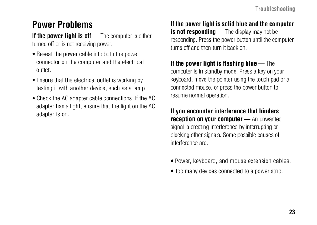 Dell F243R, 1427 setup guide Power Problems, Troubleshooting 