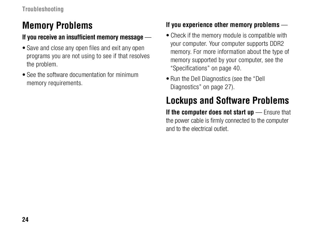 Dell 1427, F243R setup guide Memory Problems, Lockups and Software Problems, If you experience other memory problems 