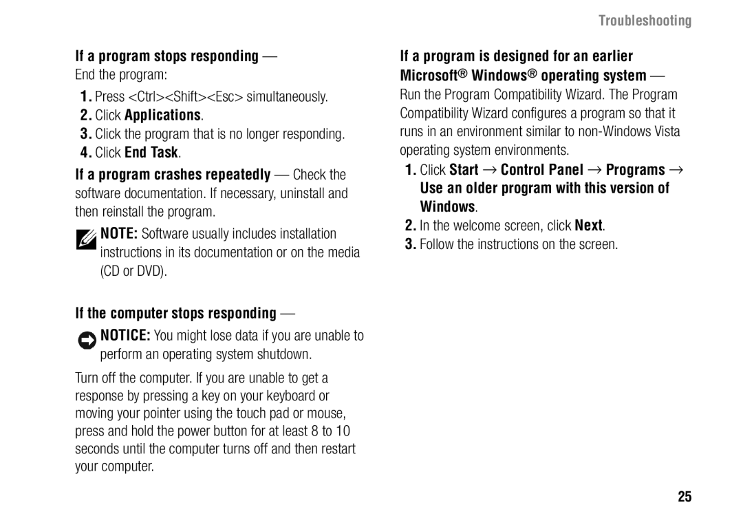 Dell F243R, 1427 If a program stops responding, Click Applications, Click End Task, If the computer stops responding 