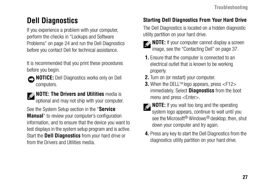 Dell F243R, 1427 setup guide Starting Dell Diagnostics From Your Hard Drive 