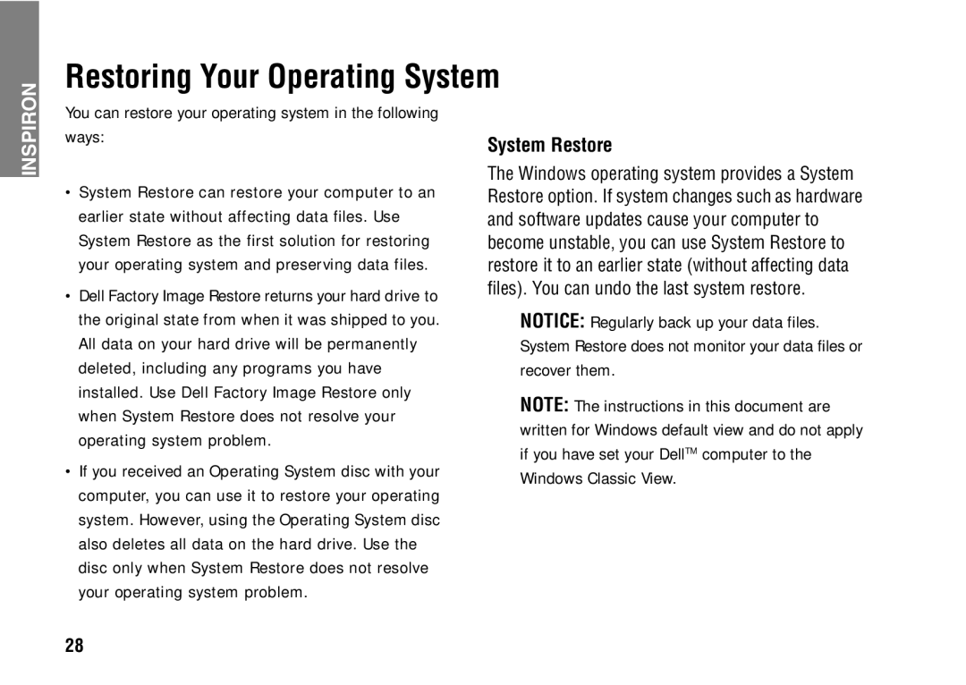 Dell 1427 Restoring Your Operating System, You can restore your operating system in the following ways, System Restore 