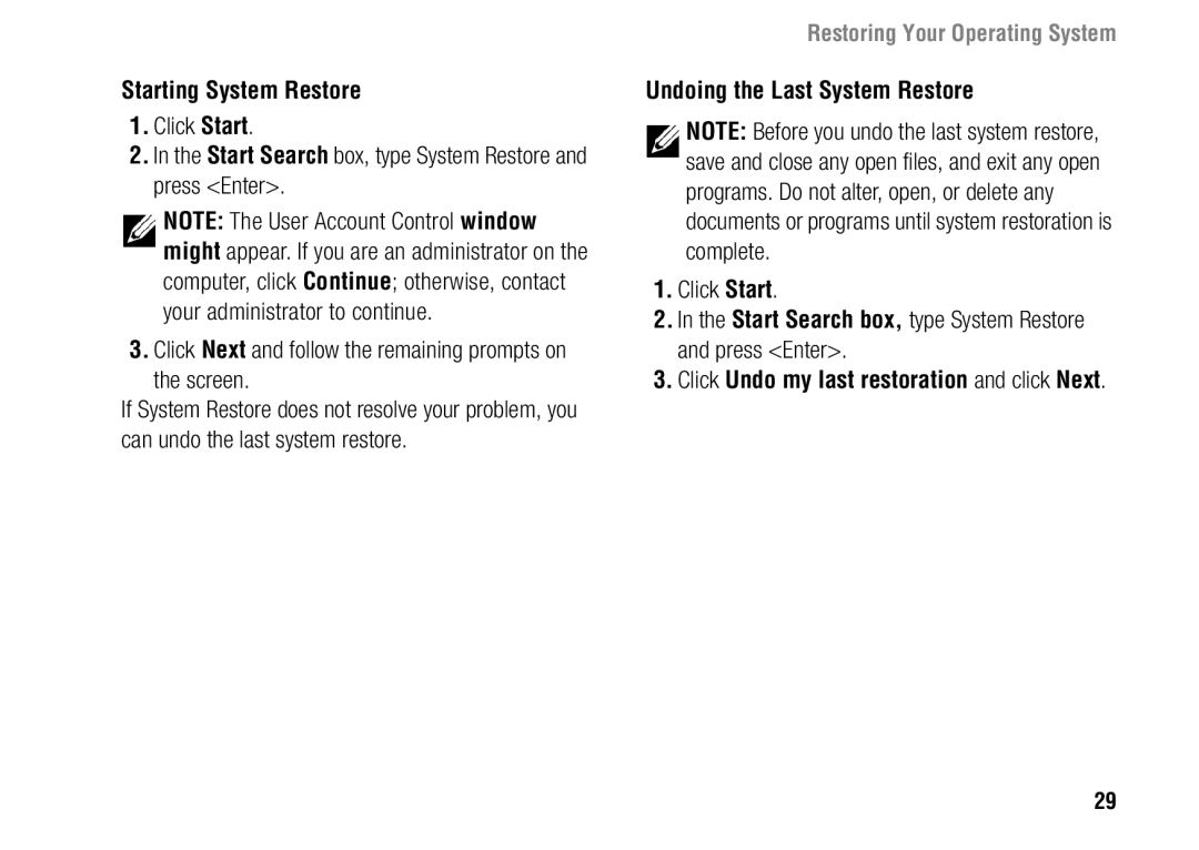 Dell F243R, 1427 Starting System Restore, Undoing the Last System Restore, Click Undo my last restoration and click Next 