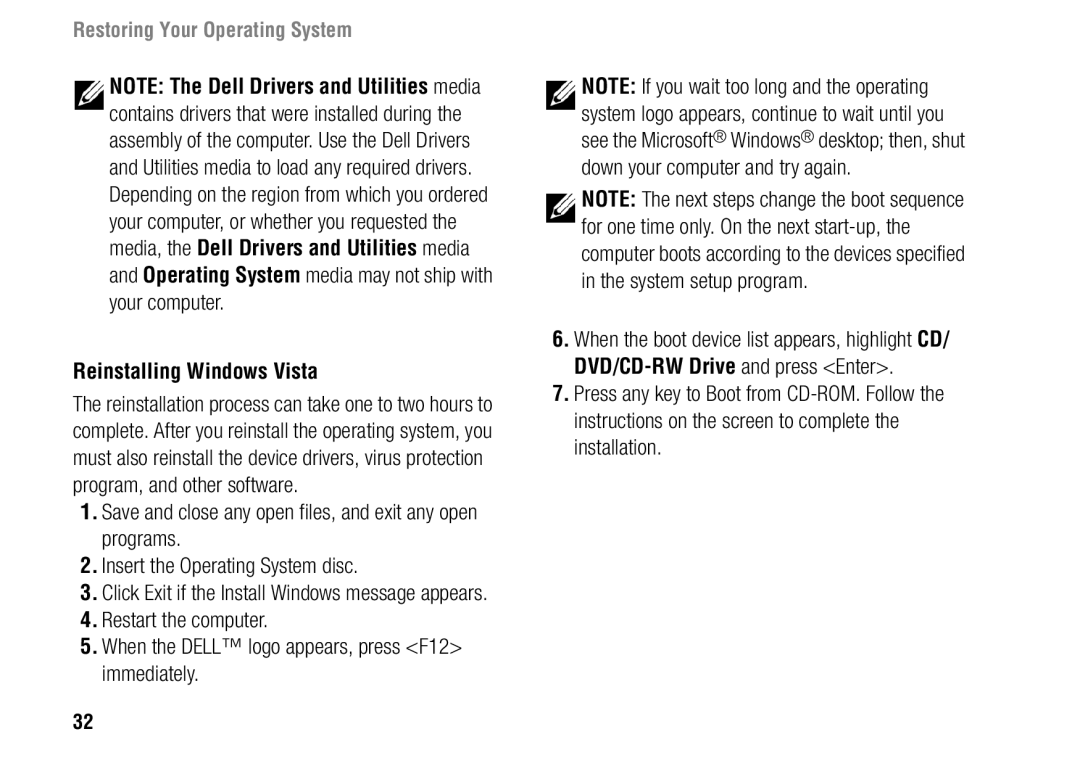 Dell 1427, F243R setup guide Reinstalling Windows Vista 